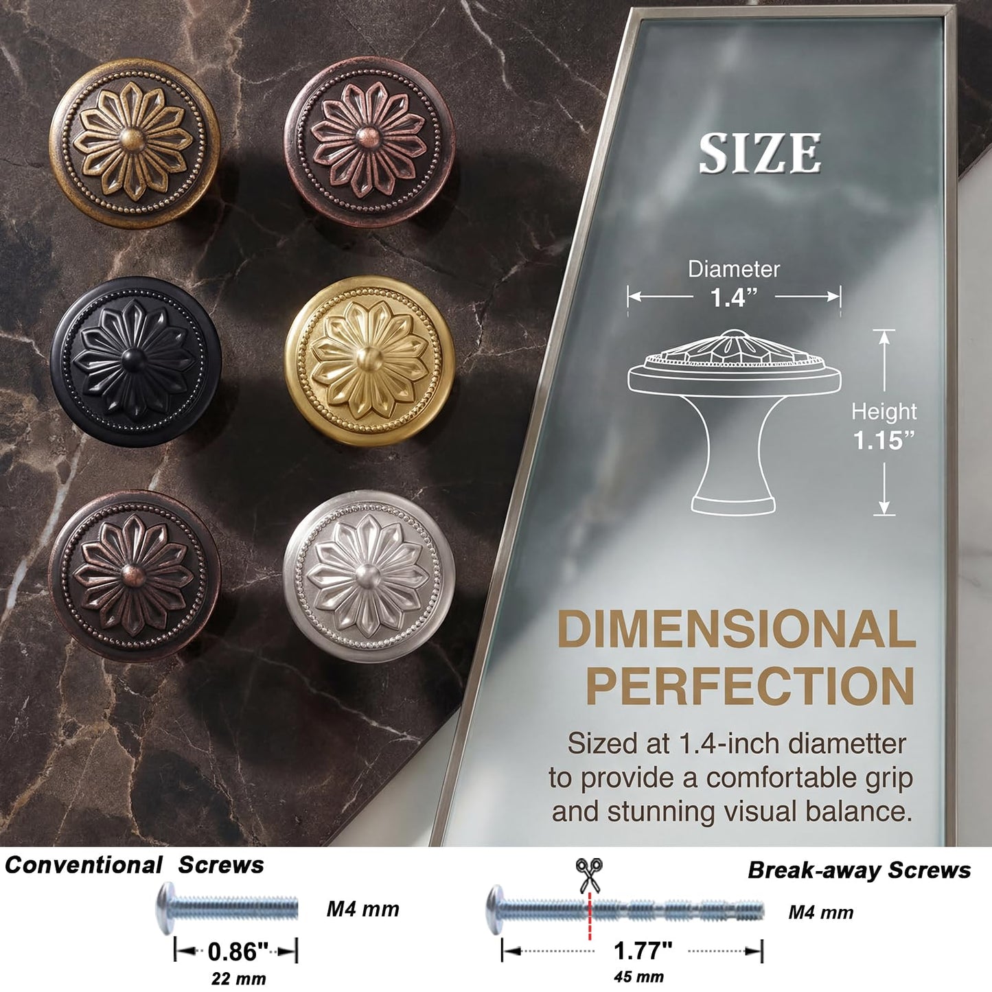 DWYL & LWYD Cabinet Knobs 10 Pack,Antique Copper Solid Zinc Alloy Flower Pattern,1-2/5"Dia Round Copper Kitchen Cabinet Handles for Cabinets, Vintage Dresser Drawer Knobs