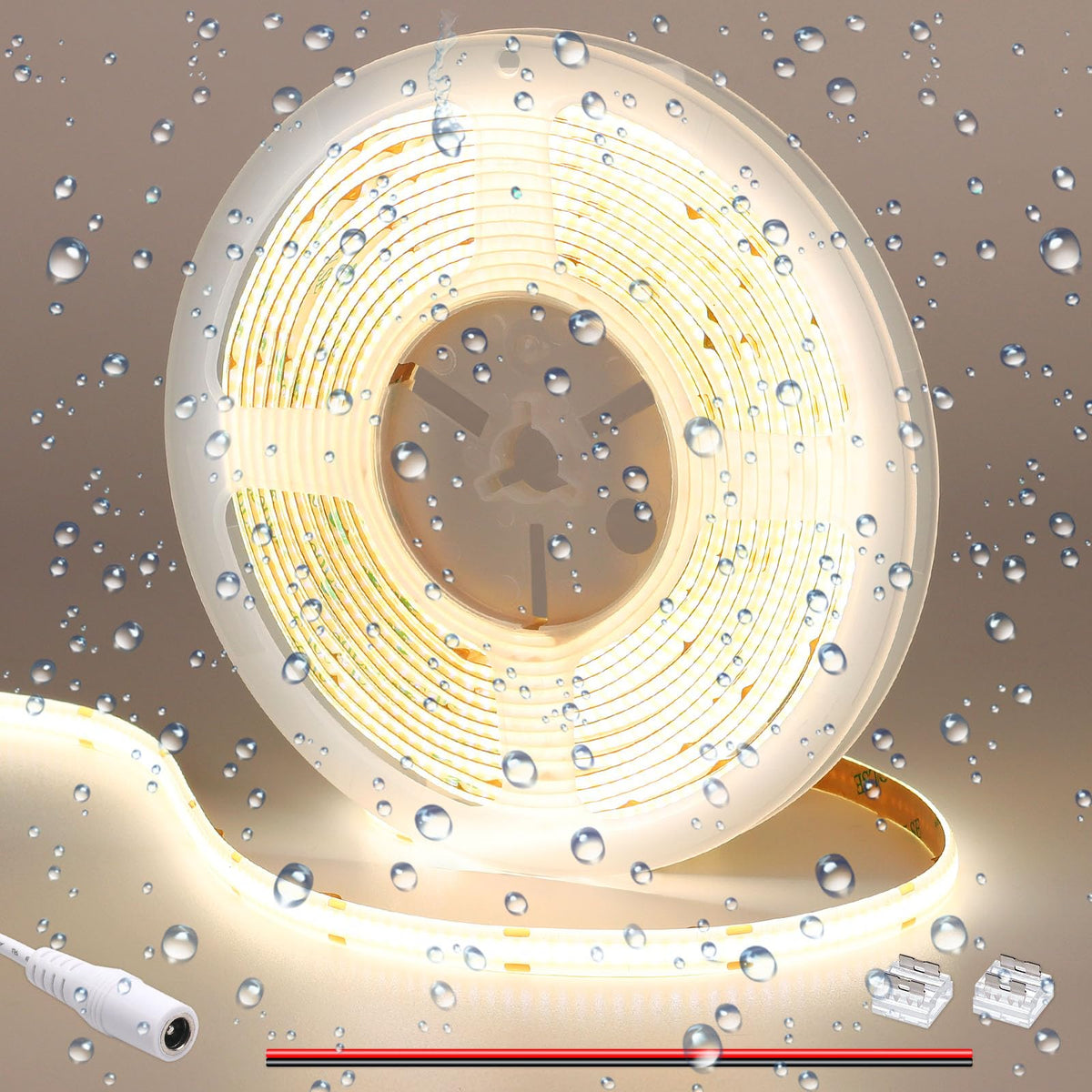 GOMING DC 12V COB LED Strip Light Natural White 4000K IP65 Waterproof 16.4ft(5M) 1560LEDs CRI 93+ Uniform Glow Flexible LED Tape Lights for DIY Bedroom Kitchen Home Decor(No Power Supply)