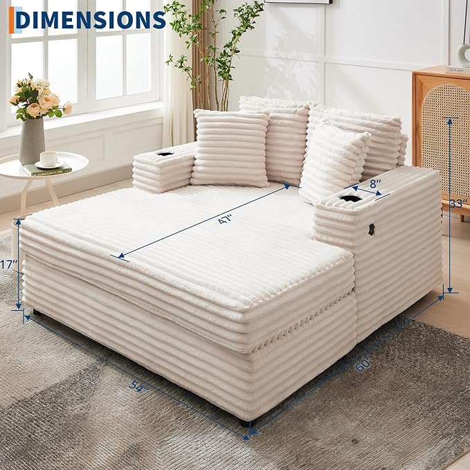 IDEALHOUSE 60" Oversized Chaise Lounge Chair Indoor, Comfy Corduroy Lounge Sofa