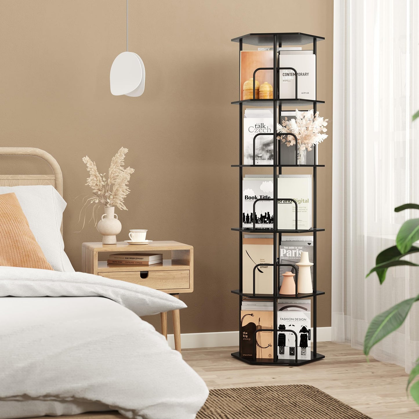 SUNMORY 5 Tier Rotating Bookshelf Tower, Revolving 360 ° Spinning Bookcase, Hexagonal Corner Book Shelf Storage Carousel, Vertical Rotate Turning Organizer Book Shelves for Living Room Office Bedroom