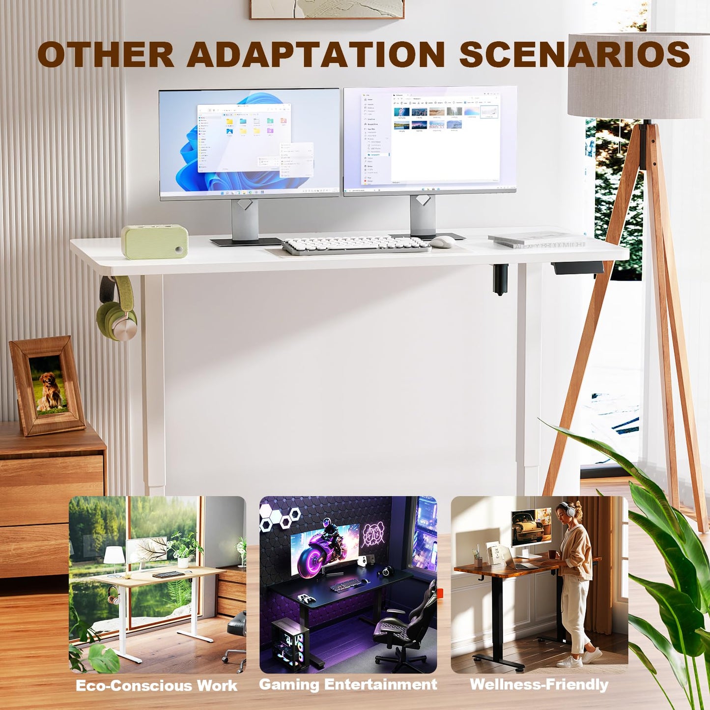 Veken 55 Inch Large Electric Standing Desk,Sit to Stand Up, Heights Adjustable, Work Home Office Computer Table for Study, Walking Pad, Writing, and Games, Wooden Desktop Desks, White