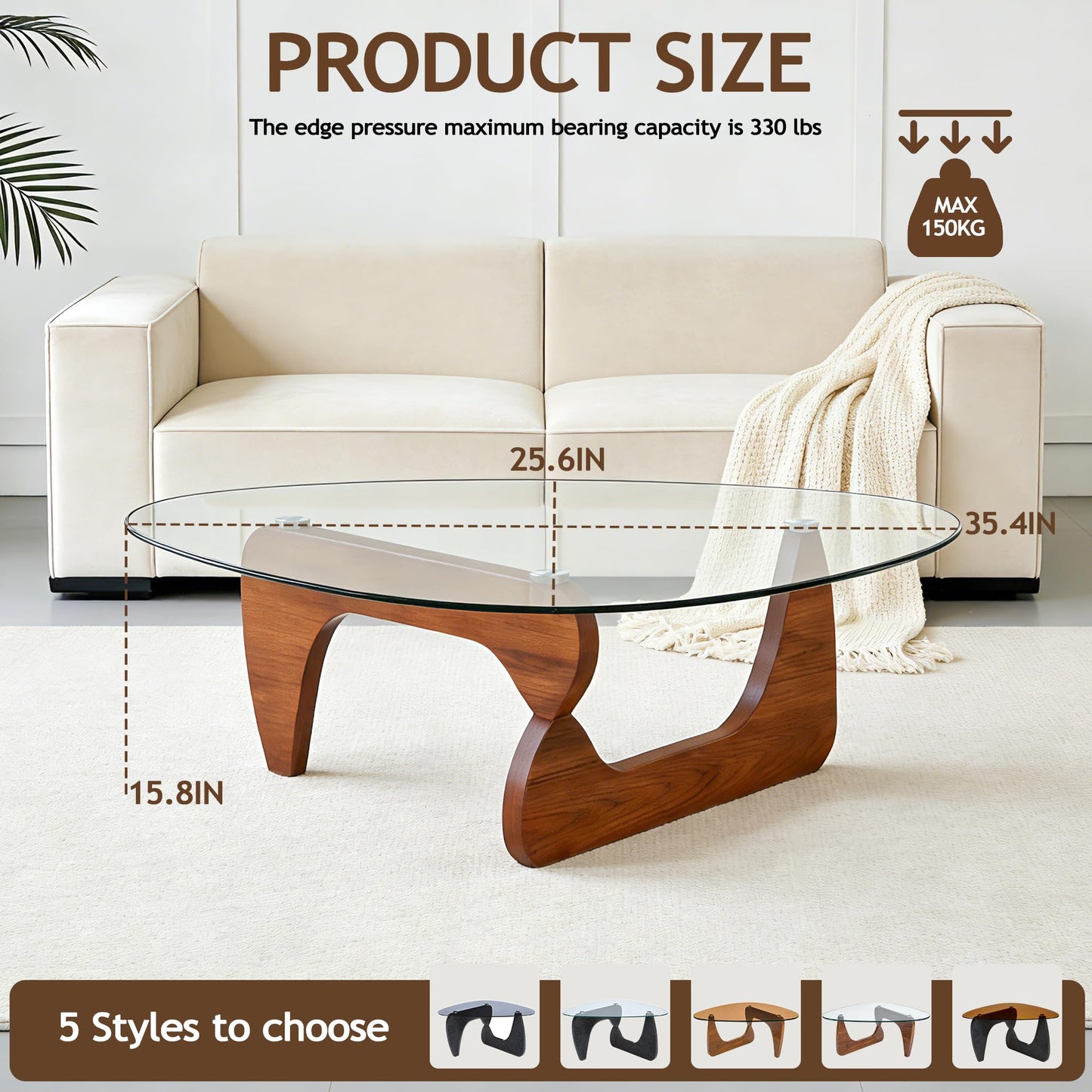 Coffee Table for Living Room, Small Coffee Table with Triangle Tempered Glass Top & Wood Legs, Modern Oval Abstract Dining Center Tables for Home Office Industrial Cocktail Tables 111