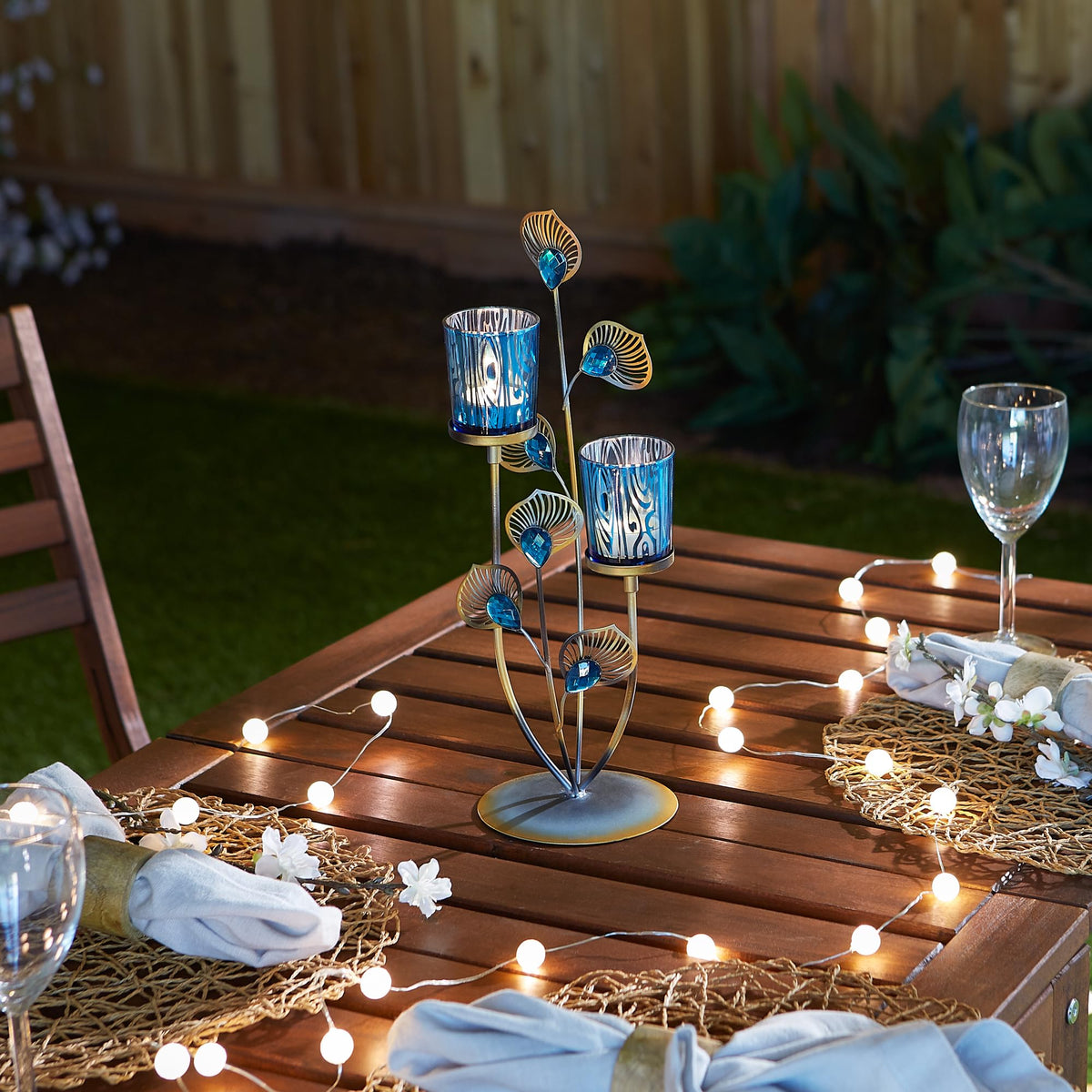 Zingz & Thingz Exotic Peacock Plume Collection Tealight & Candle Lighting, 4.625x4.625x14, Holder Duo