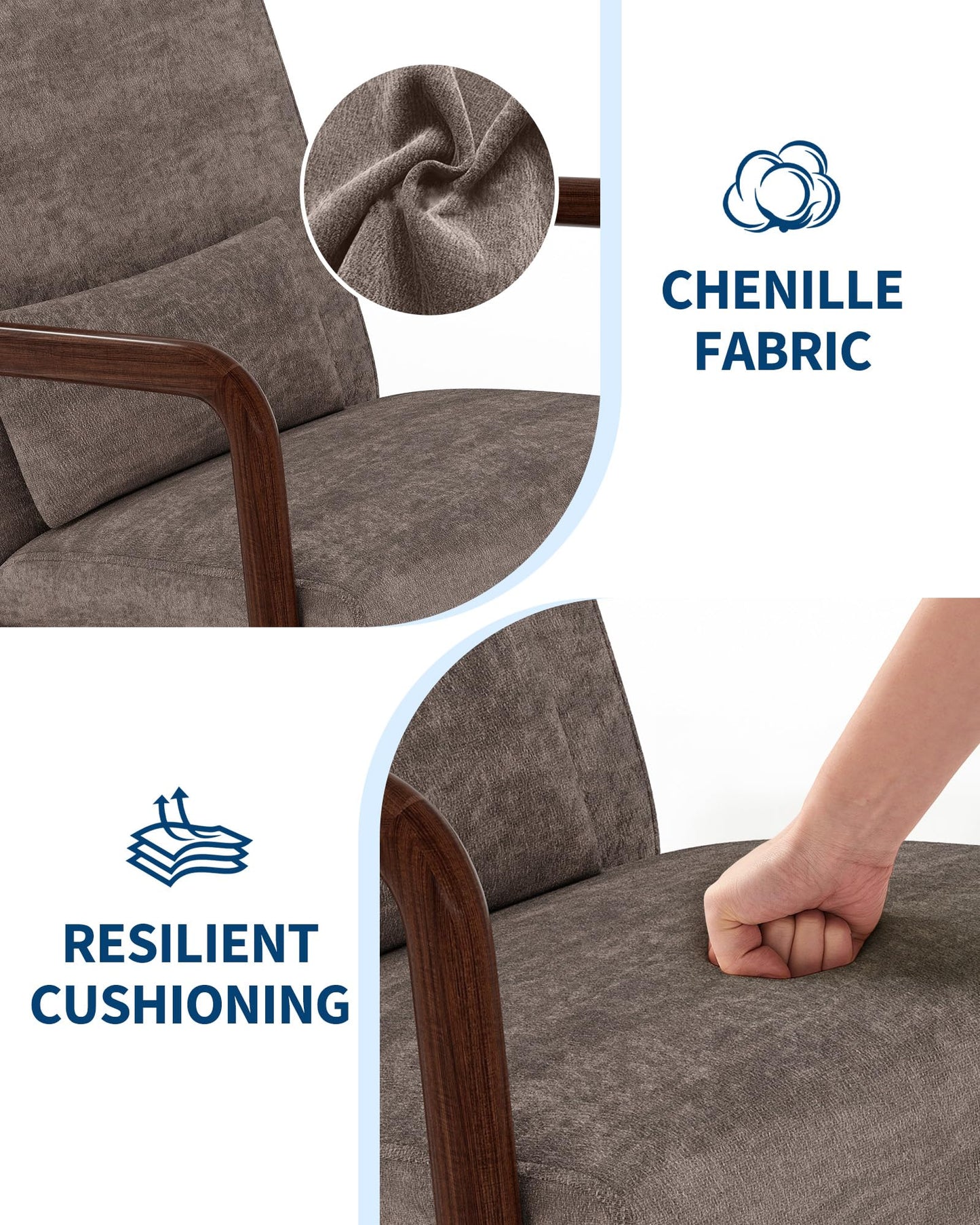 Garvee Mid-Century Chenille Accent Chair Set of 2, Cozy Reading Chair, Modern Lounge Armchair with Lumbar Pillow, Sturdy Wood Frame, for Living Room, Bedroom, Office, Brown