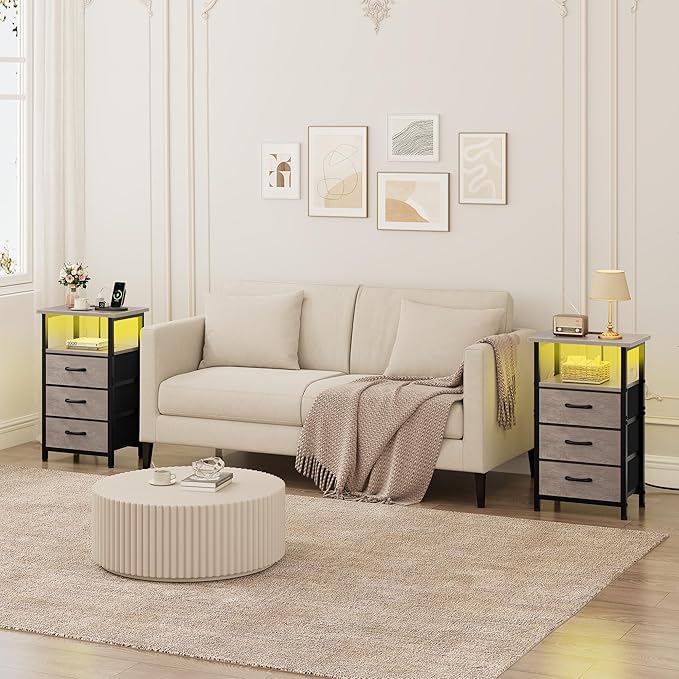 Vagusicc Night Stand with Charging Station, LED Nightstand