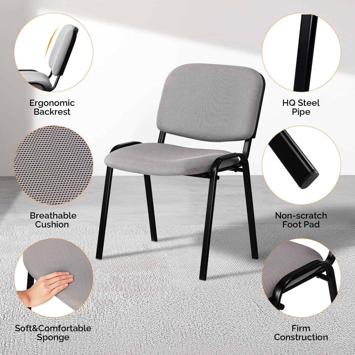 VINGLI Waiting Room Stacking Chairs, 5-Pack Mesh Church Conference Stackable Chair Set, for Office Guest & Reception Meeting Rooms, Lobby, Simple&Space-Saving, Mesh-Grey