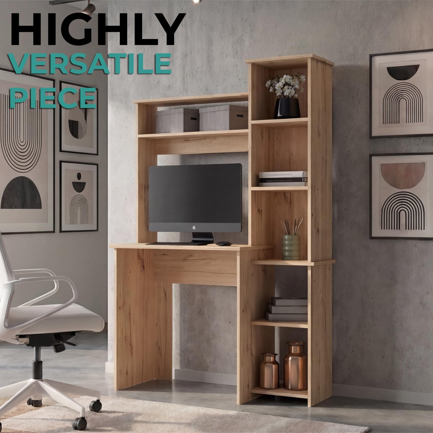 Tuhome Versalles Writing Desk with Two Superior Shelves, Five Side Open Storage Compartments, Space-Saving Modern Workstation Design for Studios and Offices, Ideal for Organization, Books