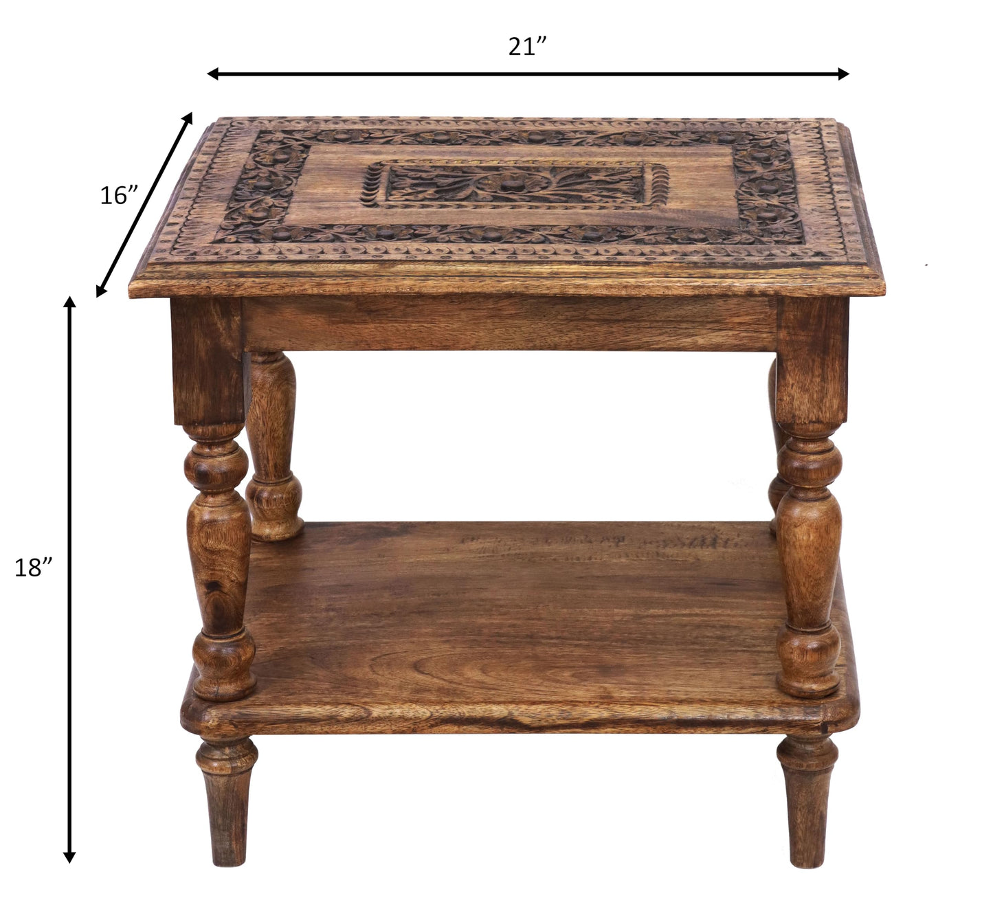 COTTON CRAFT Solid Wood End Table - Hand Carved Vintage Farmhouse Boho Side Table with Bottom Shelf - Small Spaces Entryway Living Room Bedside - No Tools Assembly - 21x16x18 - Brown