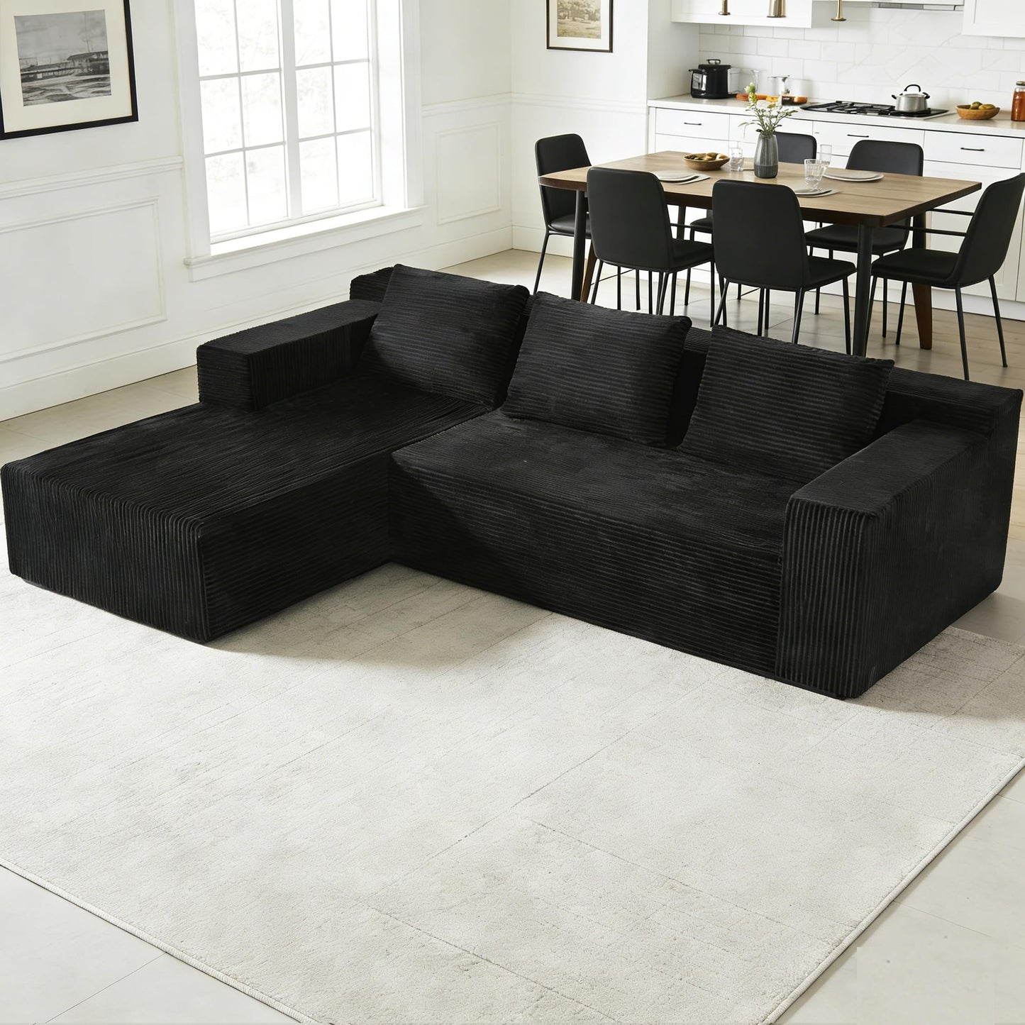 Nigoone 103" Sectional Couch for Living Room, Modular L Shaped Black Couches with Chaise, Large Minimalist Modern Deep Seats Boneless Sofa, Corduroy, No Assembly
