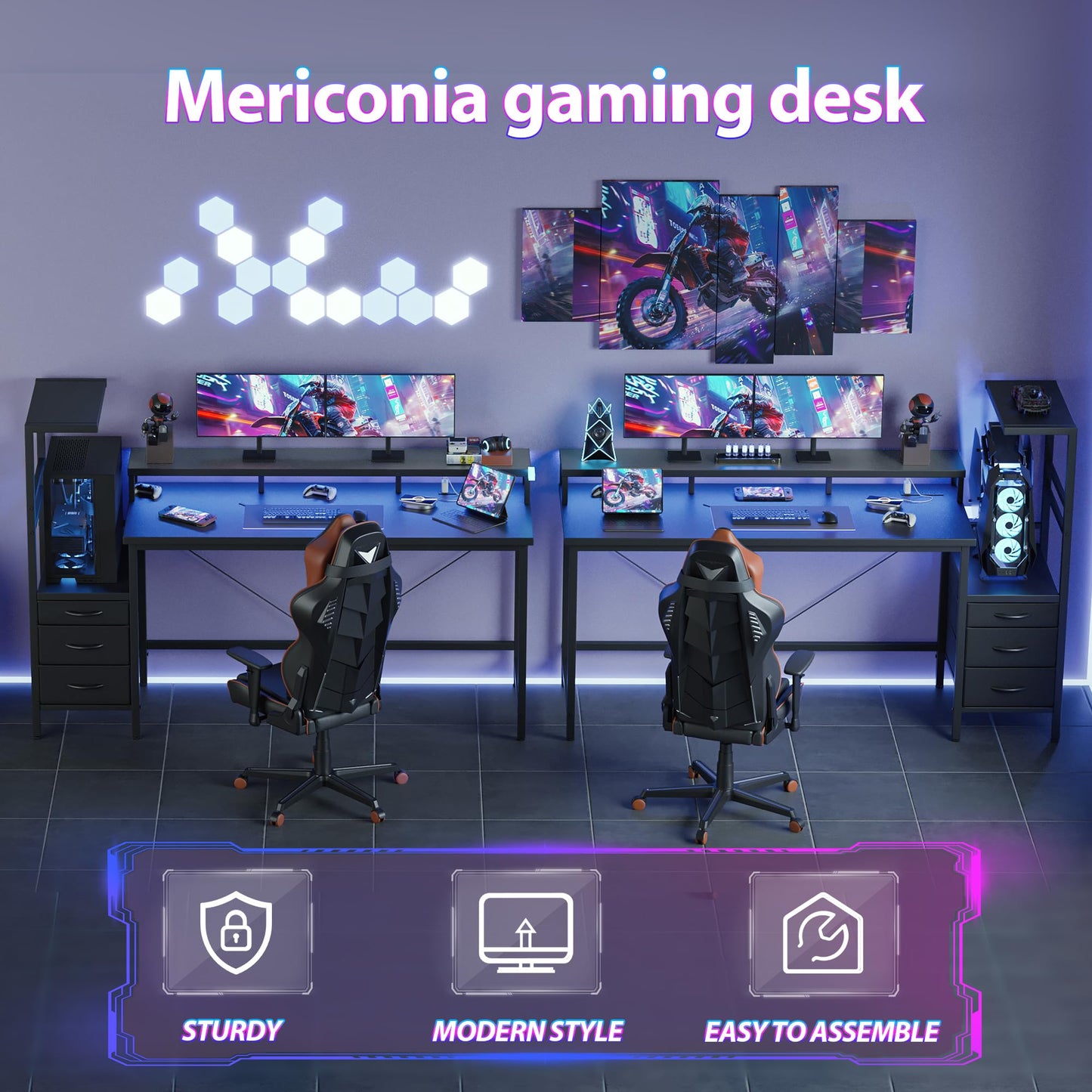 Mericonia 60 inch Gaming Desk with LED Lights & Power Outlets, Reversible Computer Desk with Storage Drawers & Monitor Stand, Large Gaming Table for Home Office