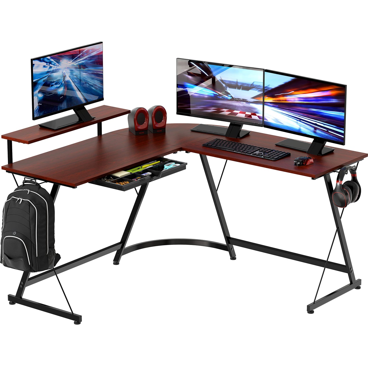 SHW 51 x 51 Inches Vista L-Shaped Desk with Monitor Stand and Drawer, Cherry