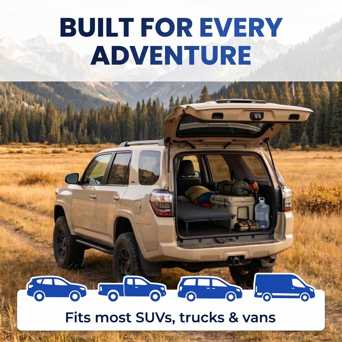 hazli Portable Car Bed for SUV Camping - Padded Sleeping Platform, Retractable 52"–72" to Fit More Vehicles, Adjustable Legs, 5-Minute Tool-Free Setup