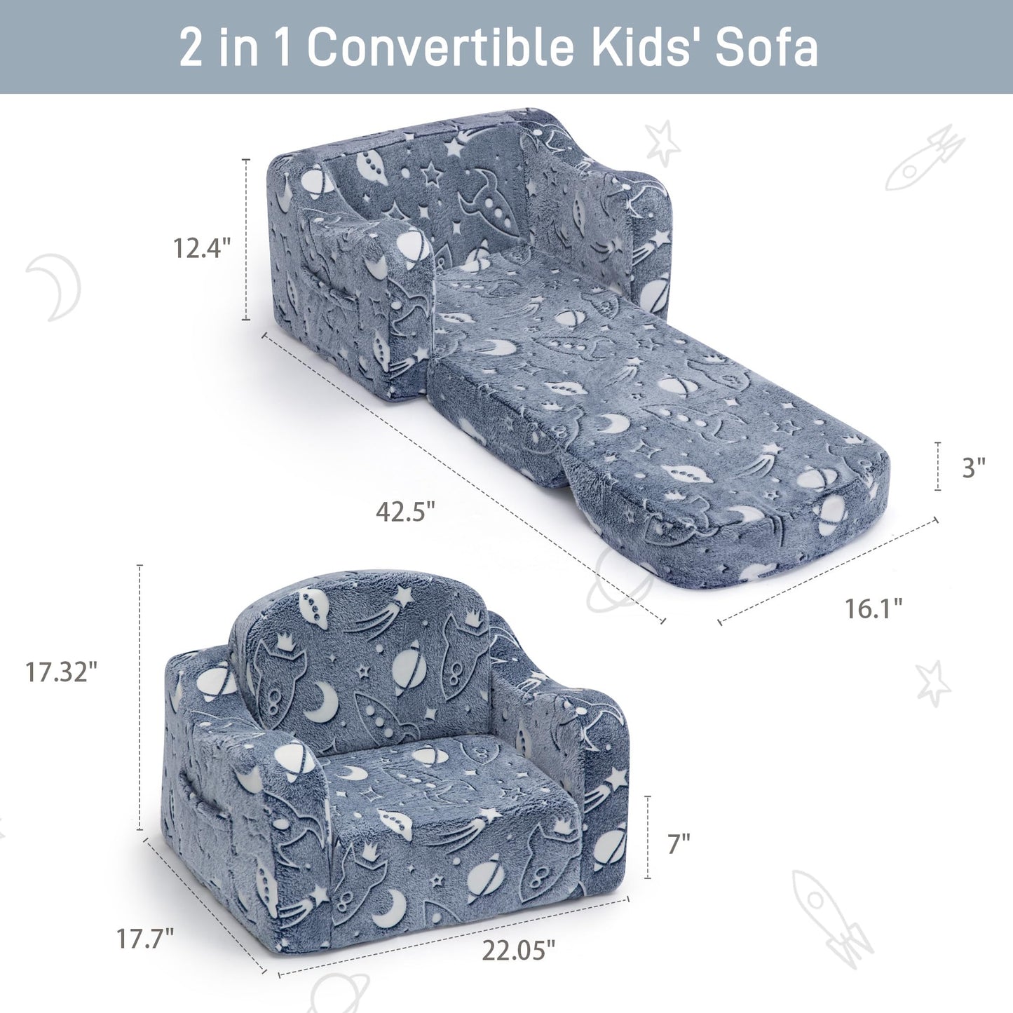 aodisman Thick Comfy Kids Chair and Couch, 2-in-1 Soft Foldable Plush Kids Sofa, Foam Seating for Reading and Play, Removable Washable Cover,Deep Blue Galaxy