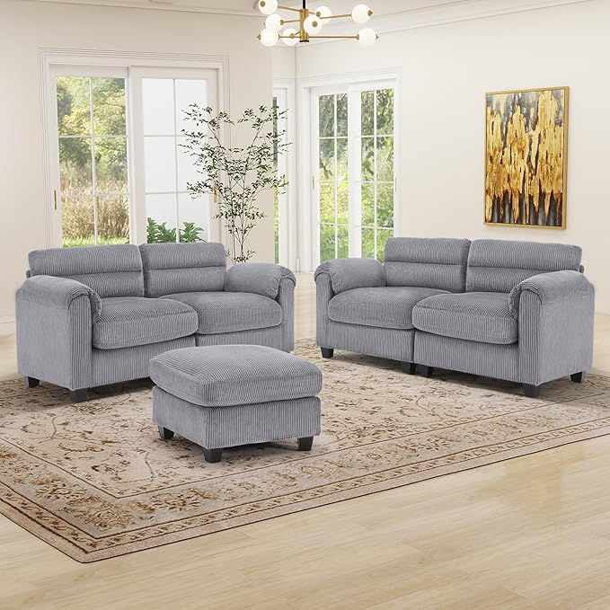 HAOMARKETS Corduroy Sofa Set, Upholstered Ottoman, Loveseat Set of 2with Plush