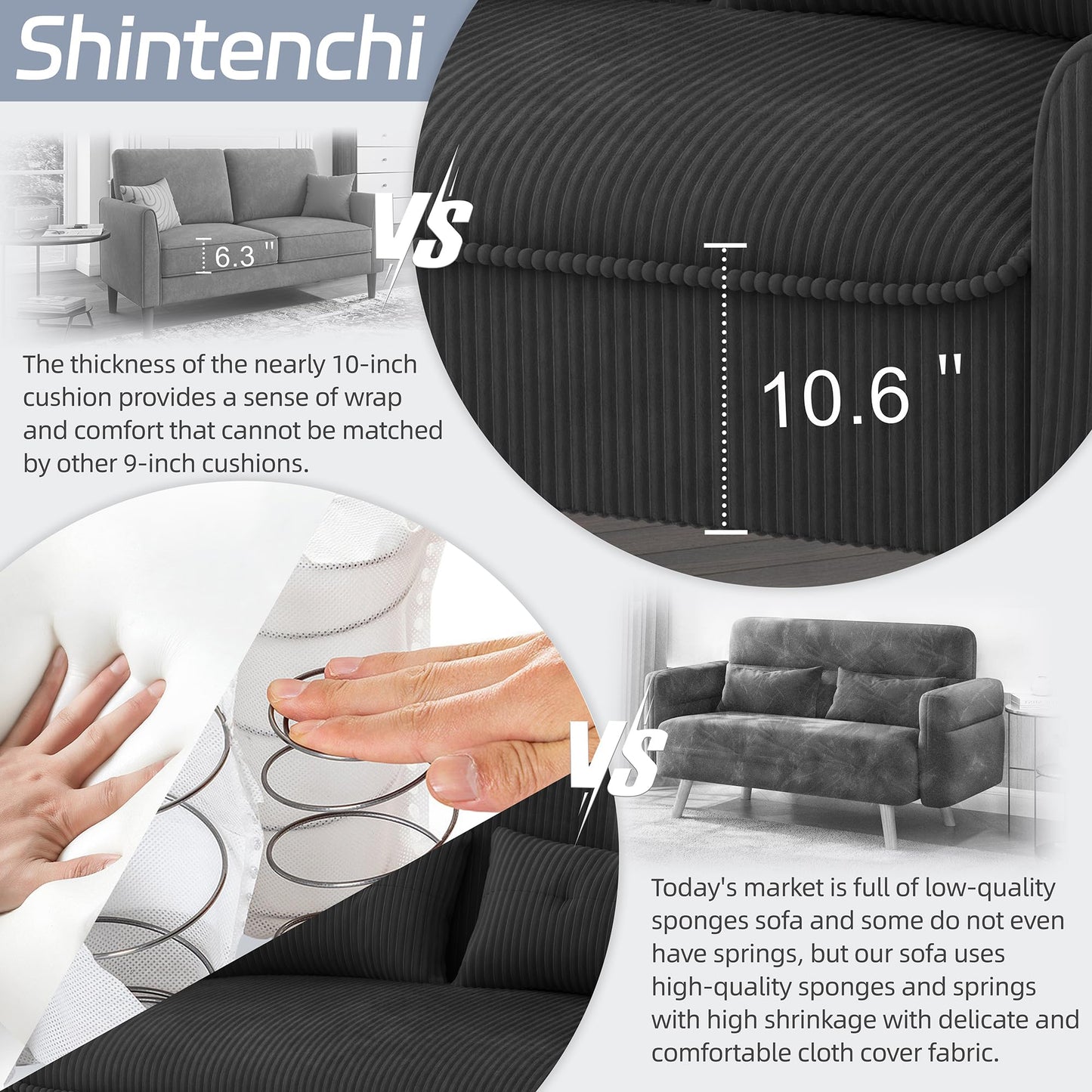 Shintenchi 48'' Loveseat Sofa, Mid-Century Modern Upholstered Couch Deep Seat with 2 Pillows, 10" Thick Cushion with Spring, Solid Wood Frame Small Couch for Living Room, Dorms & Office, Black