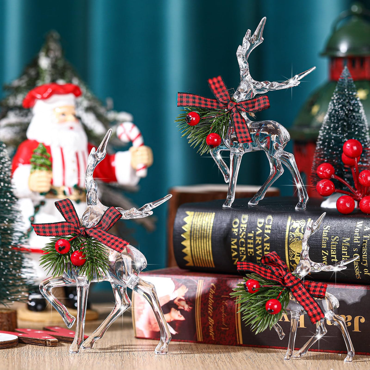 Jenaai 3 Pcs Christmas Reindeer Figurine Acrylic Reindeer Desk Decorations Deer Figurine Christmas Centerpieces for Tables with Green Pine Needle and Red Berries for Party Supplies