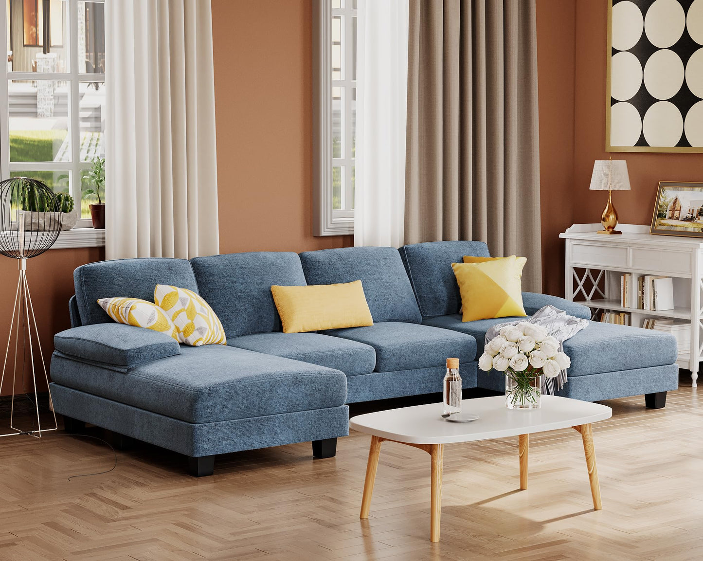 Furmax Sectional Couches for Living Room, U-Shaped Sofa Couch with Linen Fabric, 4 Seat Sofa Set with Double Chaise for Apartment (Chenille, Light Blue)
