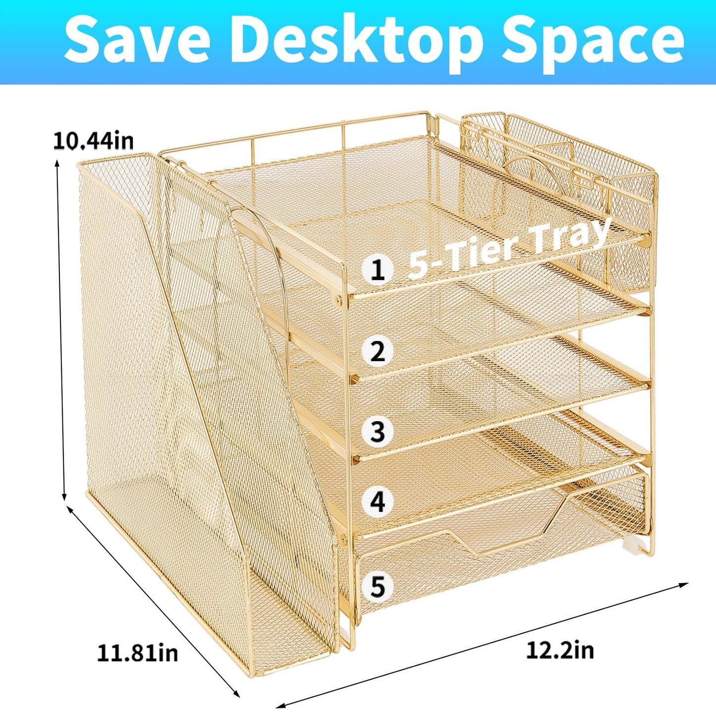 Gugsey Desk Organizers and Accessories, 5-Tier Paper Letter Tray Organizer with File Holder, Drawer & Pen Holder, Office Desk Accessories, Desktop Organizer for Classroom Office Supplies, Gold