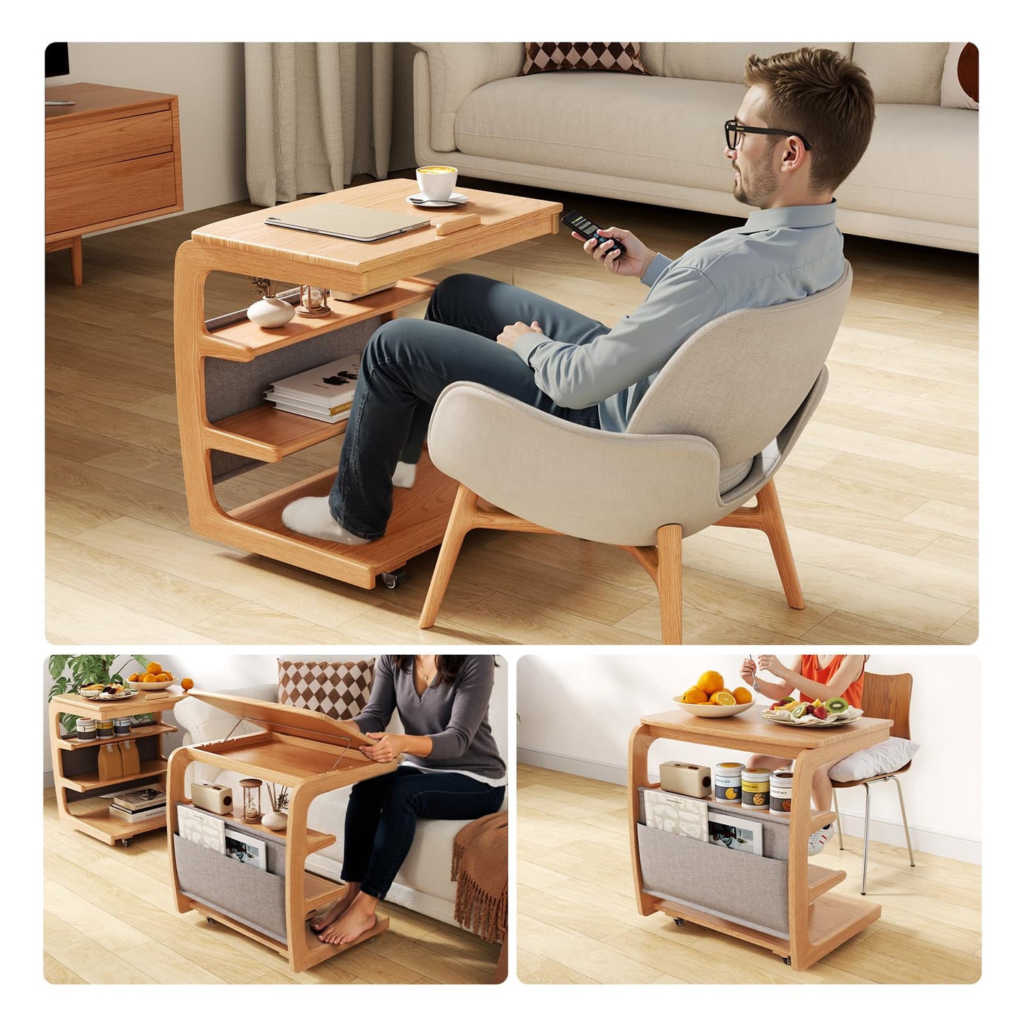 AQIMUELE Rolling Side Table, C Shaped End Table, C Table with 4 Wheels Solid Wood Small Rolling Desk with Adjustable Desktop,C Shaped End Table for Couch,Home Office(15.6" D x 23.6" W x 24.3" H)