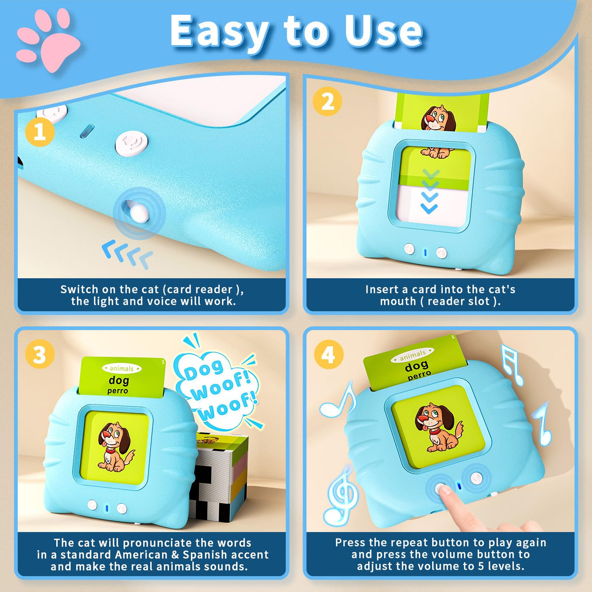 Aullsaty Toddler Toys Bilingual English and Spanish Talking Flash Cards for 1 2 3 4 5 6 Year Old Boys and Girls, Autism Sensory Toys for Autistic Children, Learning Educational Speech 250 Sight Words
