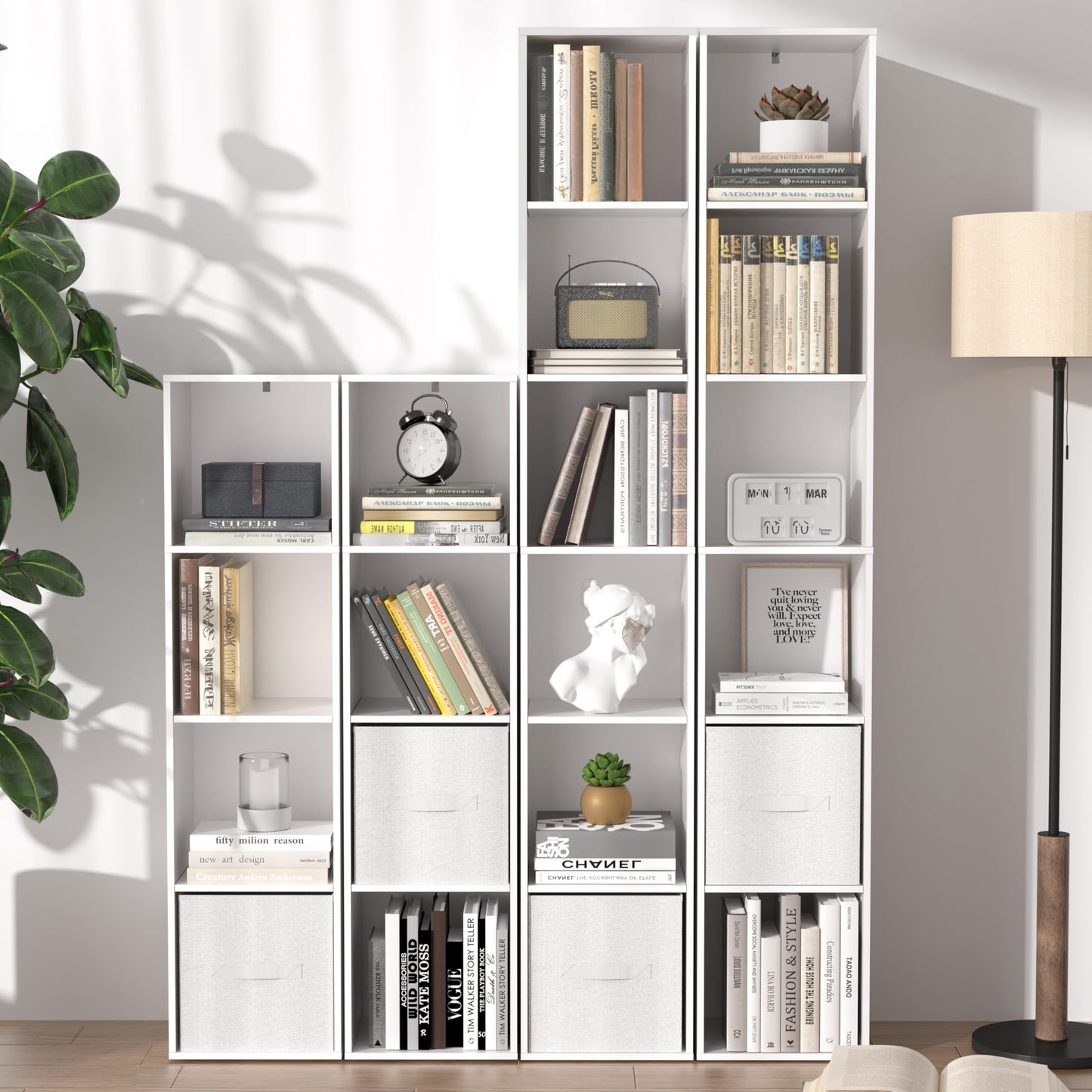 NewBeth 4 Cube Storage Organizer, Cube Shelf, Freestanding 4 Tier Open Shelf Bookcase for Home Office, Bedroom, Living Room, Study, White