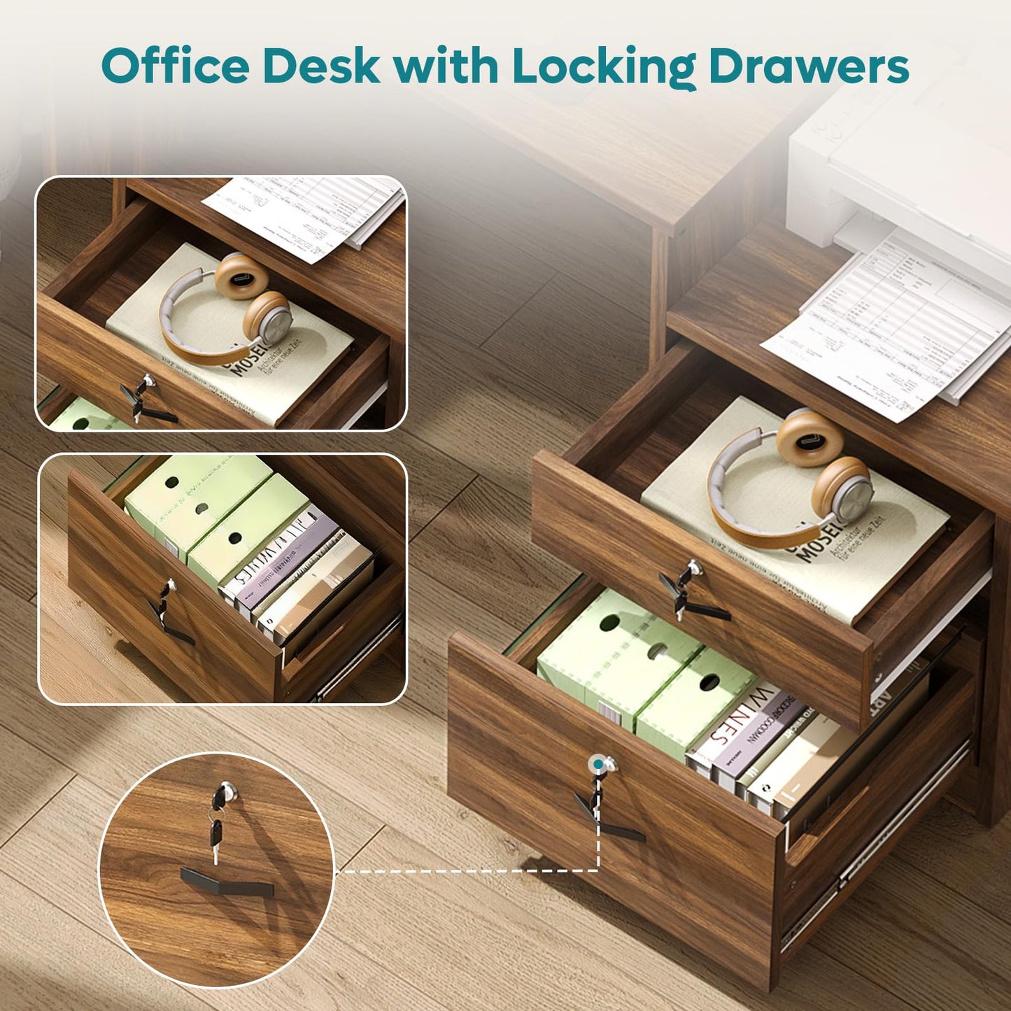Bestier 55 Inch Wood Computer Desk with Lockable File Drawer, Charging Station & LED Lights - Home Office Desk with Storage Shelves, Printer Shelf & Monitor Stand, Wooden Desk for Study & Work, Walnut