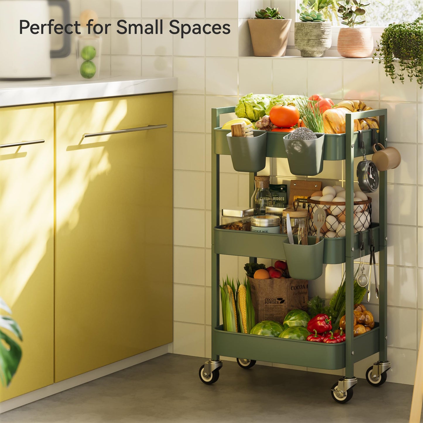Nunsino 3 Tier Rolling Cart,Utility Cart with Locking Wheels, Hanging Cups,&Hooks, Heavy Duty Metal Storage Organizer Cart for Kitchen,Office, Bathroom,Craft Room,Green