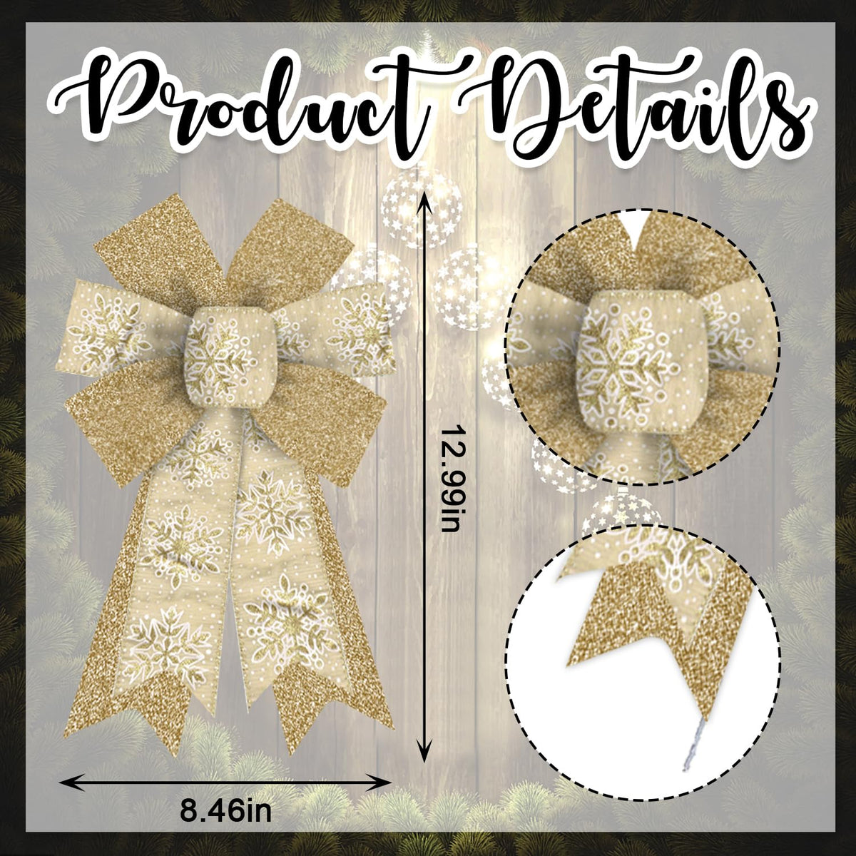 Hying 2 Pieces Christmas Bows for Wreath, Christmas Wreath Bow Glitter Golden Xmas Bows Winter Snowflake Craft Bows Ornaments for Front Door New Year Christmas Party Decoration Supplies