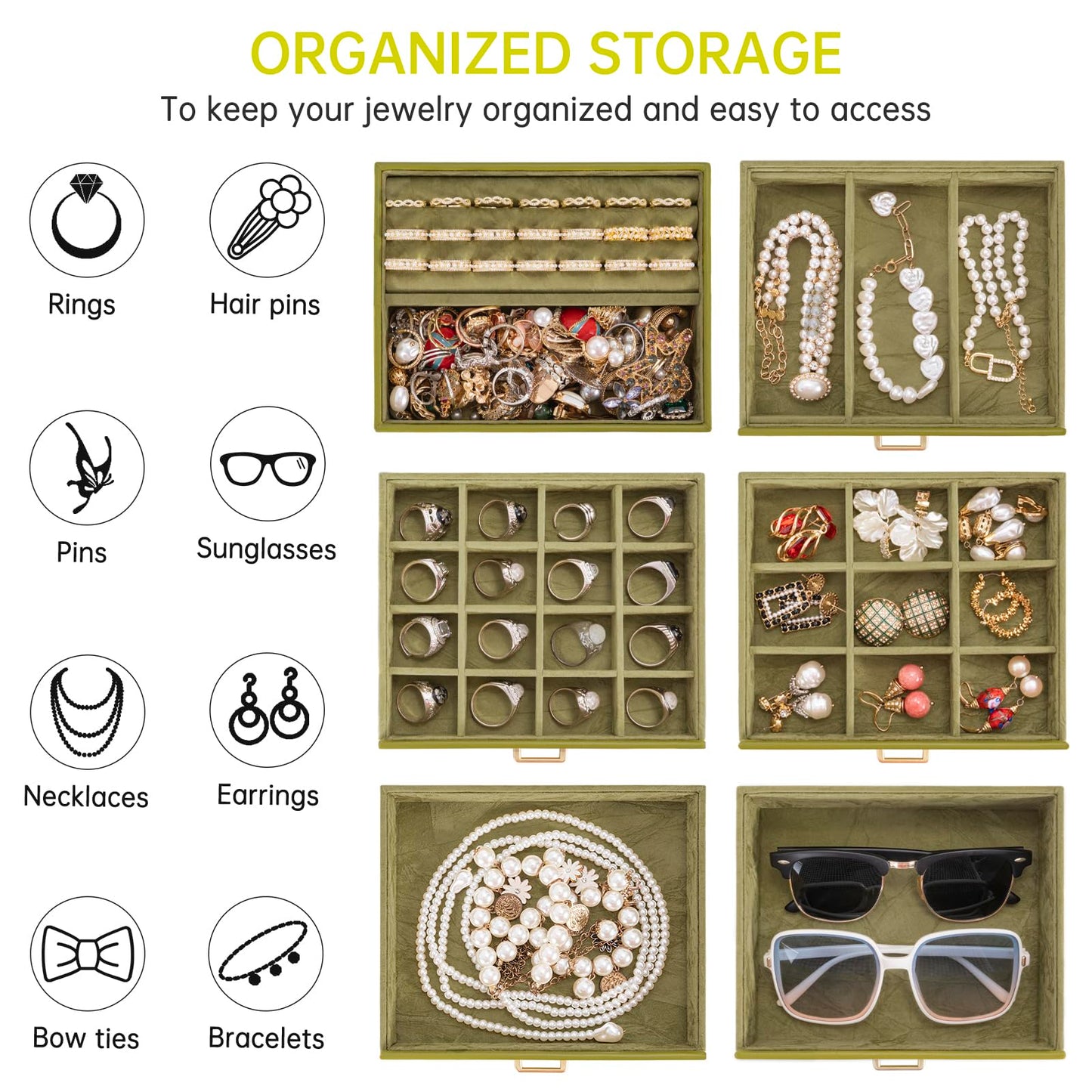 AKOZLIN 6-Tier Jewelry Box Organizer Functional 5 Drawers Leather Jewelry Storage Case for Women Girls Ring Necklace Earring Bracelet Holder Organizer with Mirror Medium Green