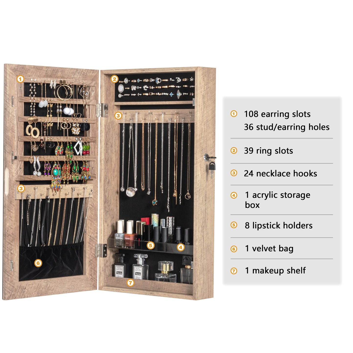 LAVIEVERT Lockable Jewelry Cabinet Armoire with Frameless Mirror, Wall/Door Mounted Space Saving Jewelry Display Organizer with Lipstick Compartments - Wood Grain