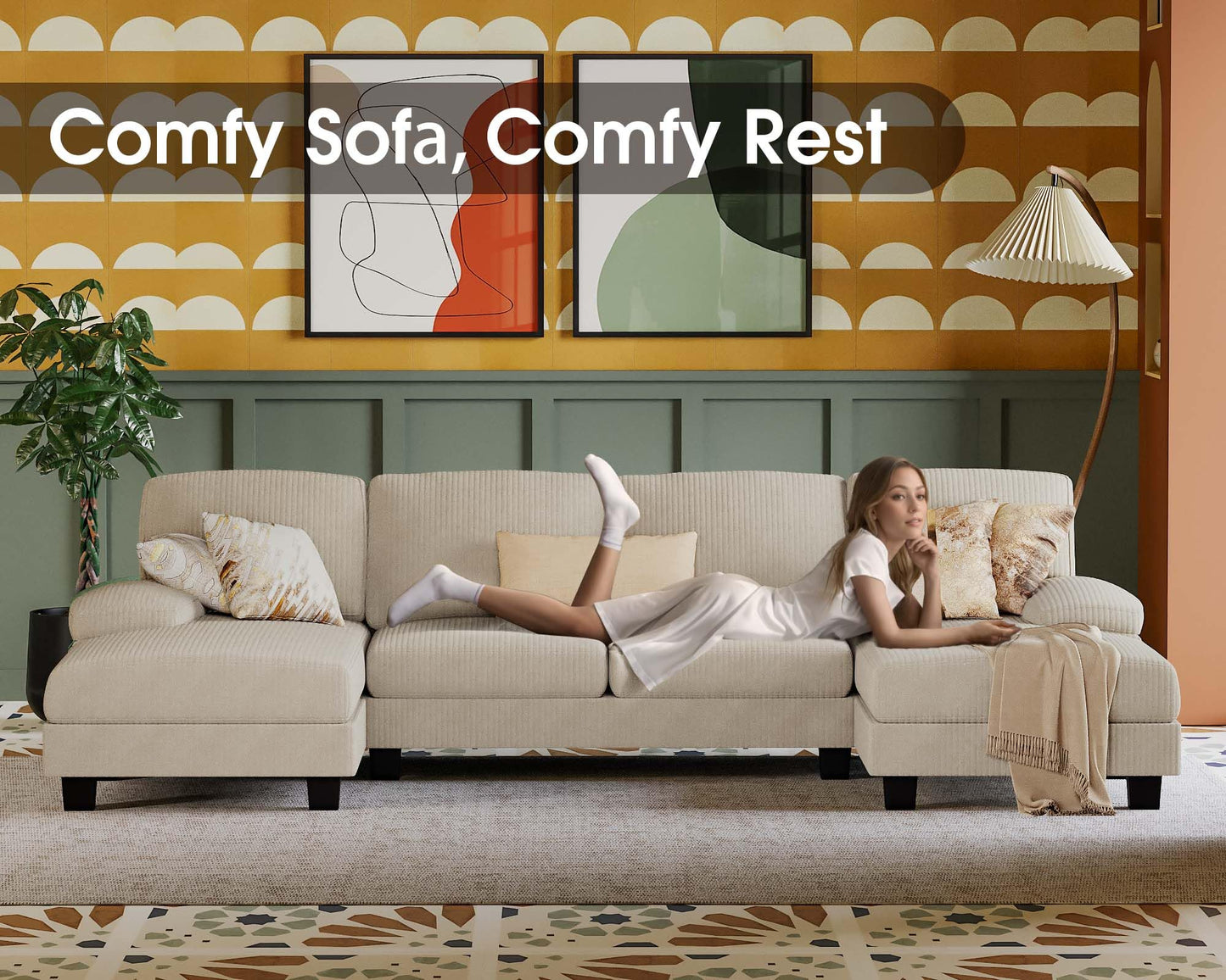 Furmax Sectional Couches for Living Room, U-Shaped Sofa Couch with Linen Fabric, 4 Seat Sofa Set with Double Chaise for Apartment (Corduroy, Beige)
