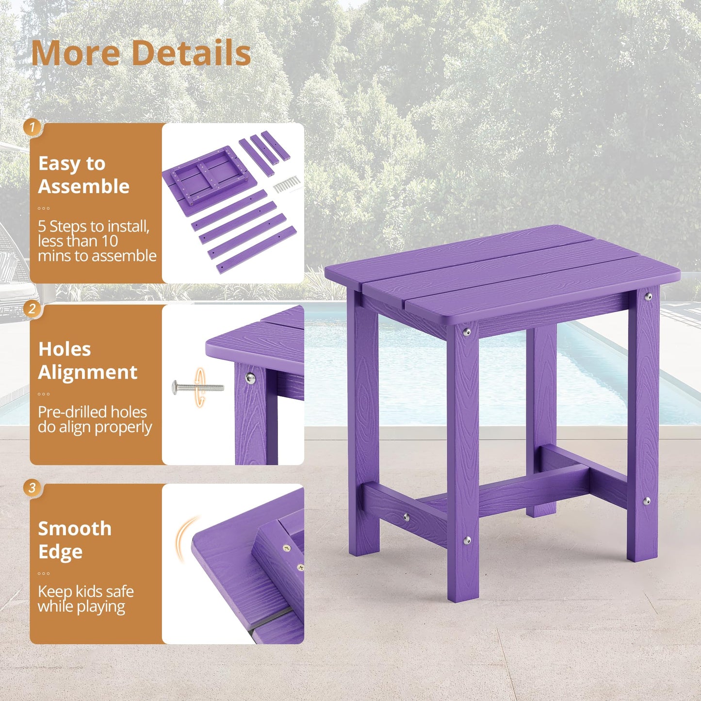 LUE BONA Outdoor Side Table, HDPS Small Outdoor Adirondack Side Tables, Outside End Table for Patio, Porch, Deck, Pool, Weather Resistant/Easy Maintenance,Purple