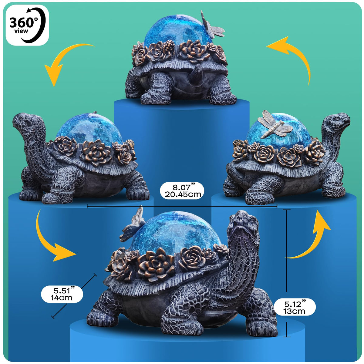 Vlyrofea Outdoor Turtle Statue – Resin Animal Figurine with Blue Crystal Solar Lights,Golden Succulent Accents & Dragonfly Decor, Cute Garden Ornament, Yard Art for Lawn, Patio,Mom Wife Unique Gifts