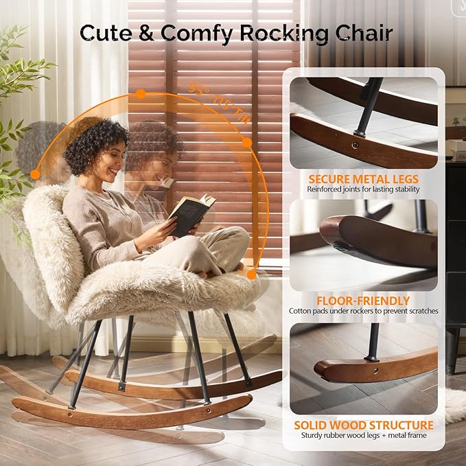 VINGLI 25.6" Extra Wide Criss Cross Nursery Rocking Chair, Cute Curved 115°