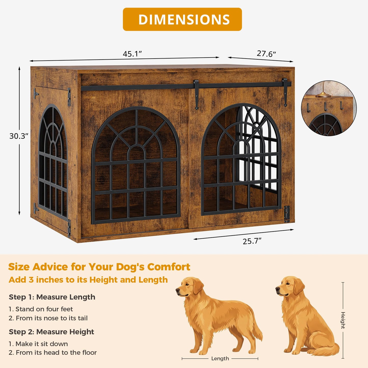 IRONCK 45.1" Dog Crate Furniture with Sliding Barn Door – Mid-Century Modern Wooden Dog Kennel, 2-in-1 TV Stand & Console Table with 3 Hooks, Chew-Resistant, Brown