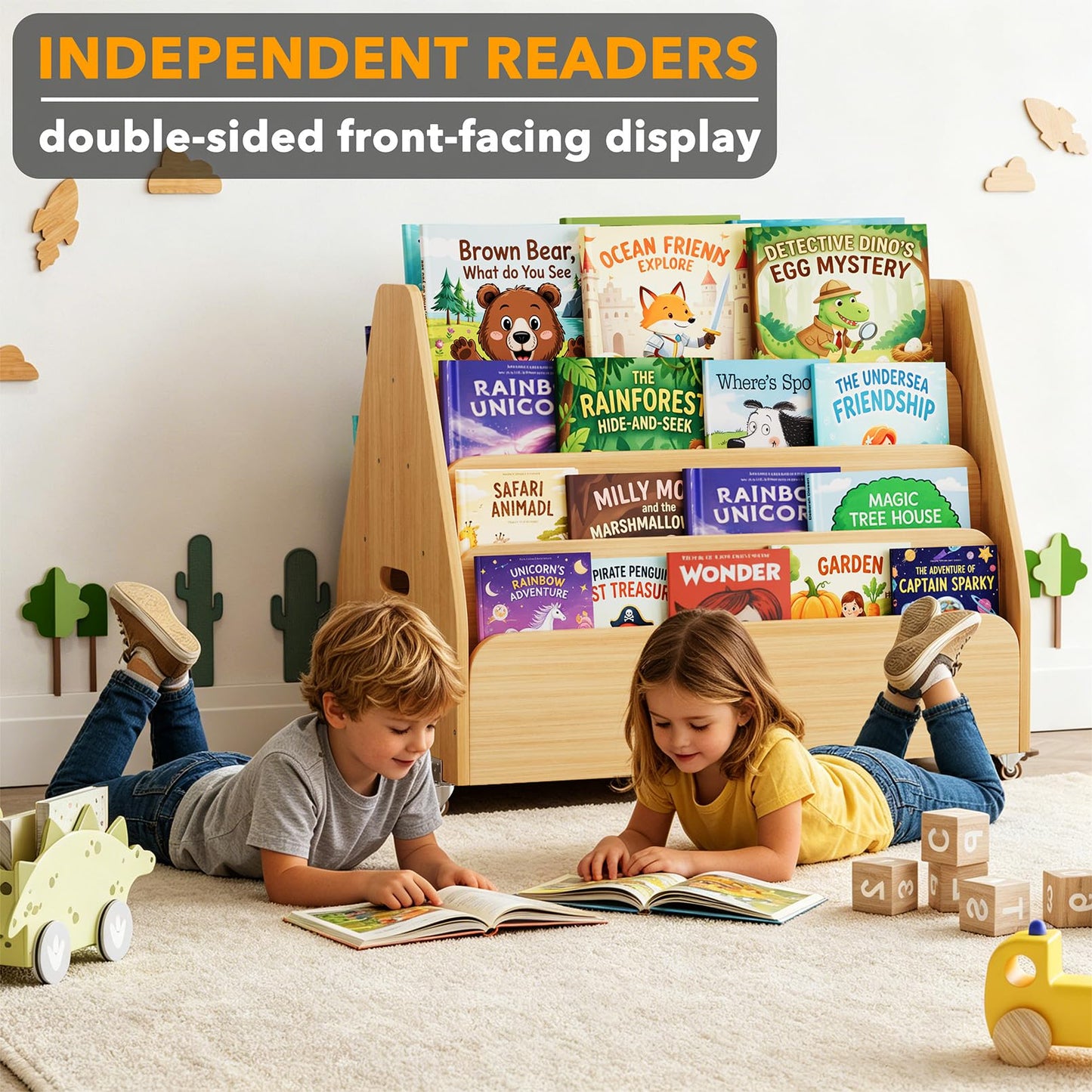 SpaceAid Double-Sided Mobile Bookshelf, Montessori Bookcase for Toddlers, Wooden Book Storage Organizer Shelf Furniture for Kids Rooms, Playroom, Nursery and Classroom, 29.5“ Wide 4-Tier, Natural