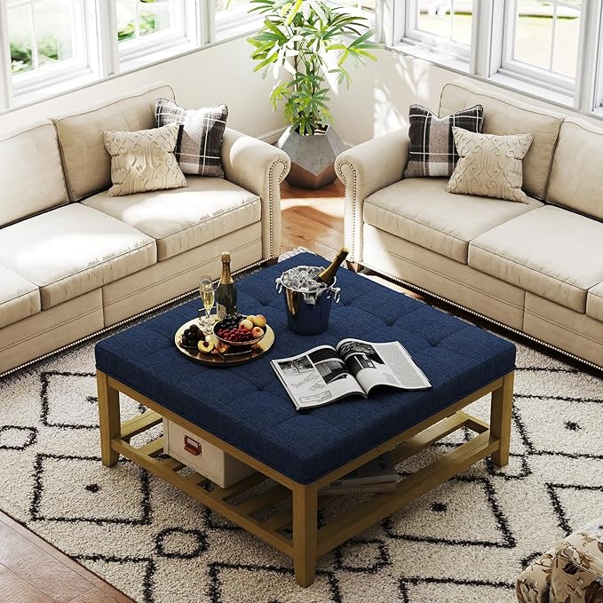 Befurtori Large Square Ottoman Coffee Table, Linen Solid Upholstered Footrest