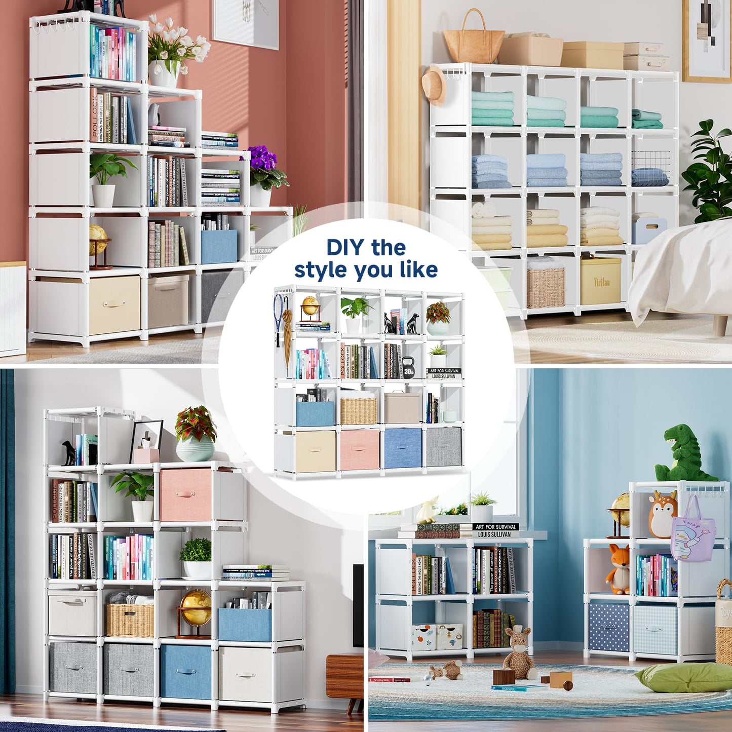 Mavivegue 16 Cube Storage Organizer Book Shelf, Metal Cube Bookshelf, DIY Bookcase, Tall Book Case for Bedroom, Living Room, Office - White