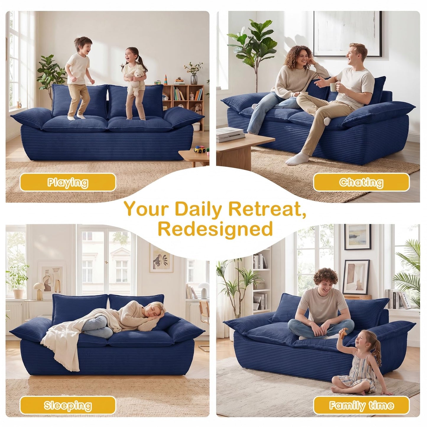 AOLVDOW 56" Boneless Loveseat, 2-Seater Boneless Sofa with Removable Cushions & 2 Pillows, Small Deep Seat Boneless Couch Compress Foam Sofa for Living Room, Apartments, & Office (Blue, Loveseat)