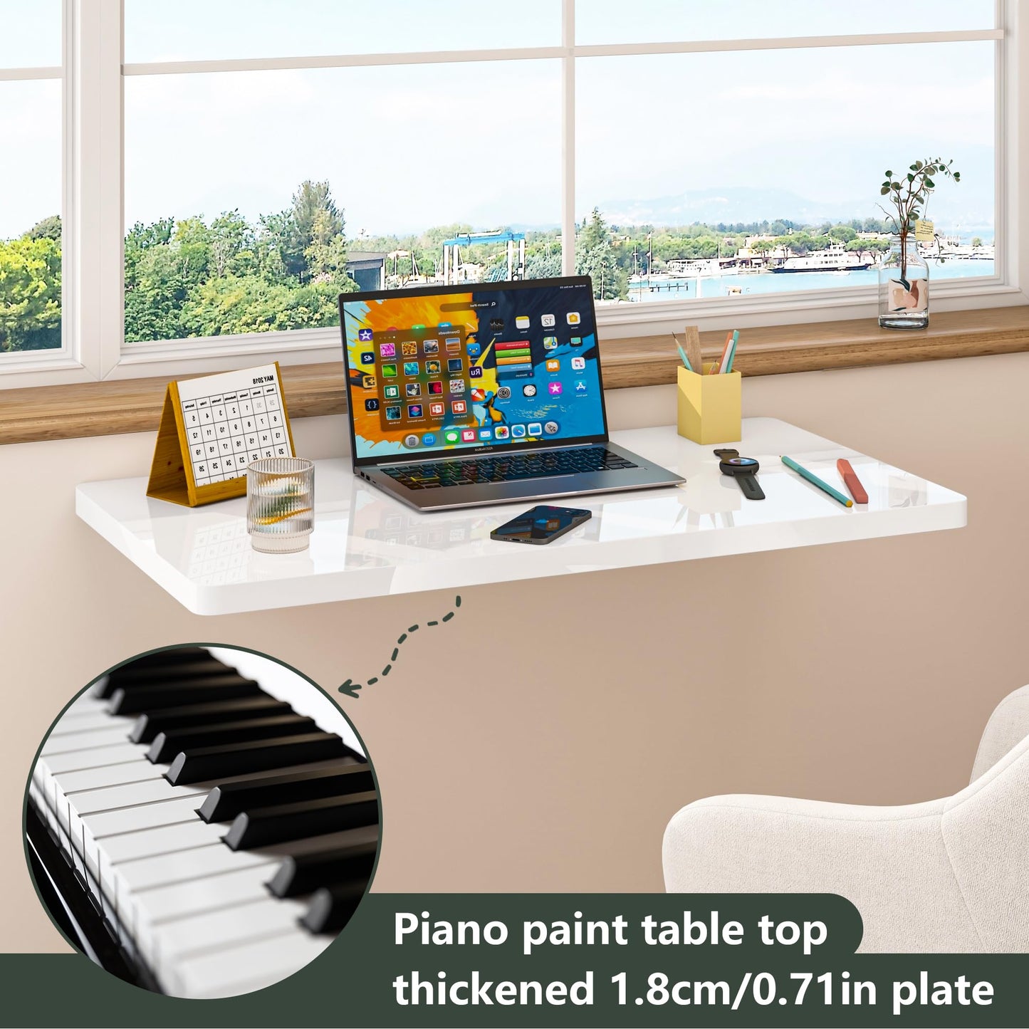 Clikuutory Wall Mounted High Gloss Folding Table, Wall Desk Fold Down for Small Spaces, Folding Workbench for Laundry Room, Home Office, Kitchen, Bedroom, Home Bar, White (31.5"×15.7")