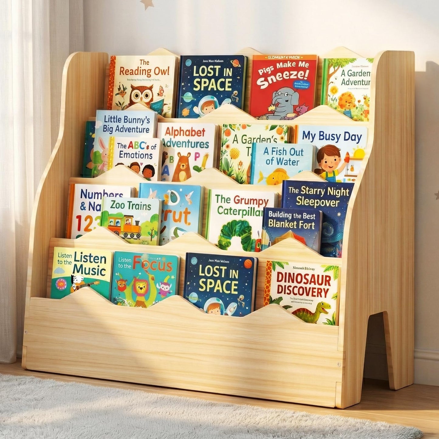 Chuiendi 4 Tier Montessori Kids Bookshelf, Wooden Front Facing Book Shelf for Kids Room, 31.5" W x 23.6" H Toddler Bookcase for Picture Books, Nursery Storage Organizer for Bedroom Playroom Classroom
