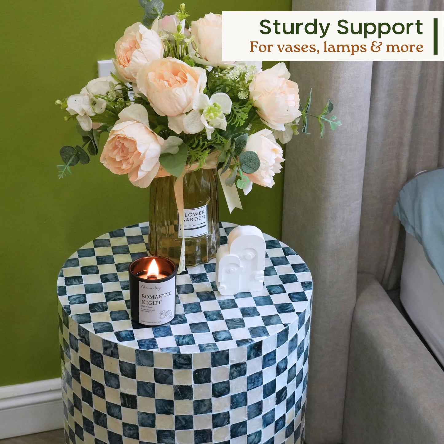 Chi An Home 19.3” Checkered Capiz Shells Drum End Table, Decorative Cylinder Side Table & Garden Stool, Round Pedestal Accent Table for Living Room, Bedroom, Indoor & Outdoor (Navy Blue)
