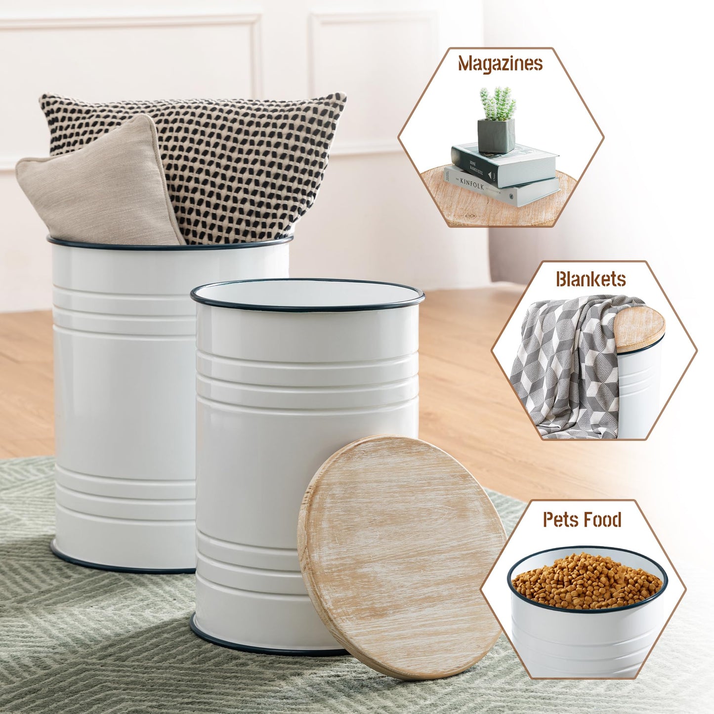 Glitzhome Rustic Storage Ottoman Seat Stool, Farmhouse End Table, Galvanized Dark Blue Rim Imitation Enamel Accent Side Table Toy Box Bin with Round Wood Lid for Living Room, Set of 2, White