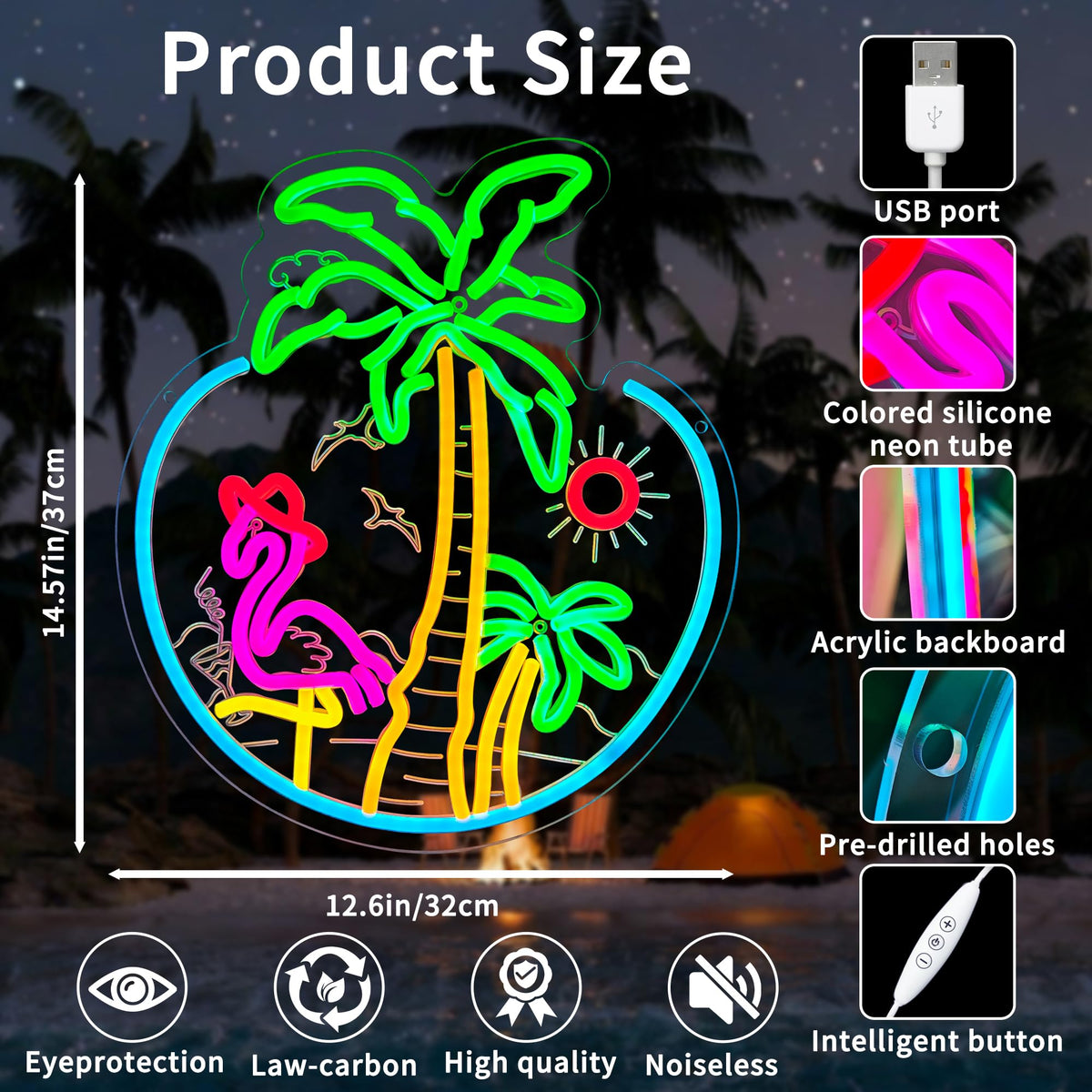 Tropical Flamingo Palm Tree Sunset Neon Sign for Wall Decor, USB Powered Dimmable LED Coconut Tree Neon Light Sign for Bar Man Cave Club Beach Theme Restaurant Party Decoration