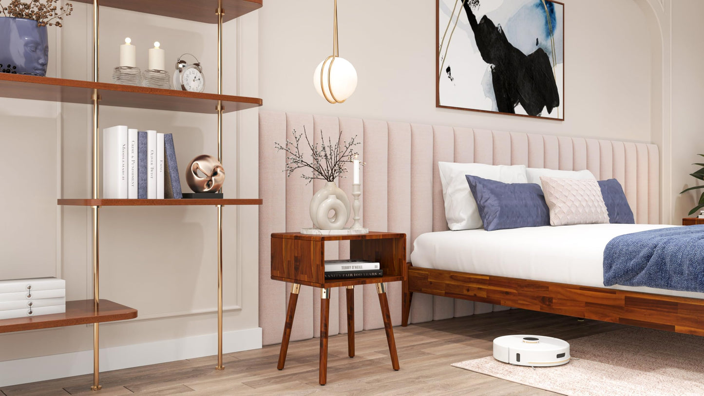 Bme Dinkee Solid Wood Nightstand, Fully Assembled, Without Drawer for Mid Century Bedroom and Living Room, Dark Chocolate