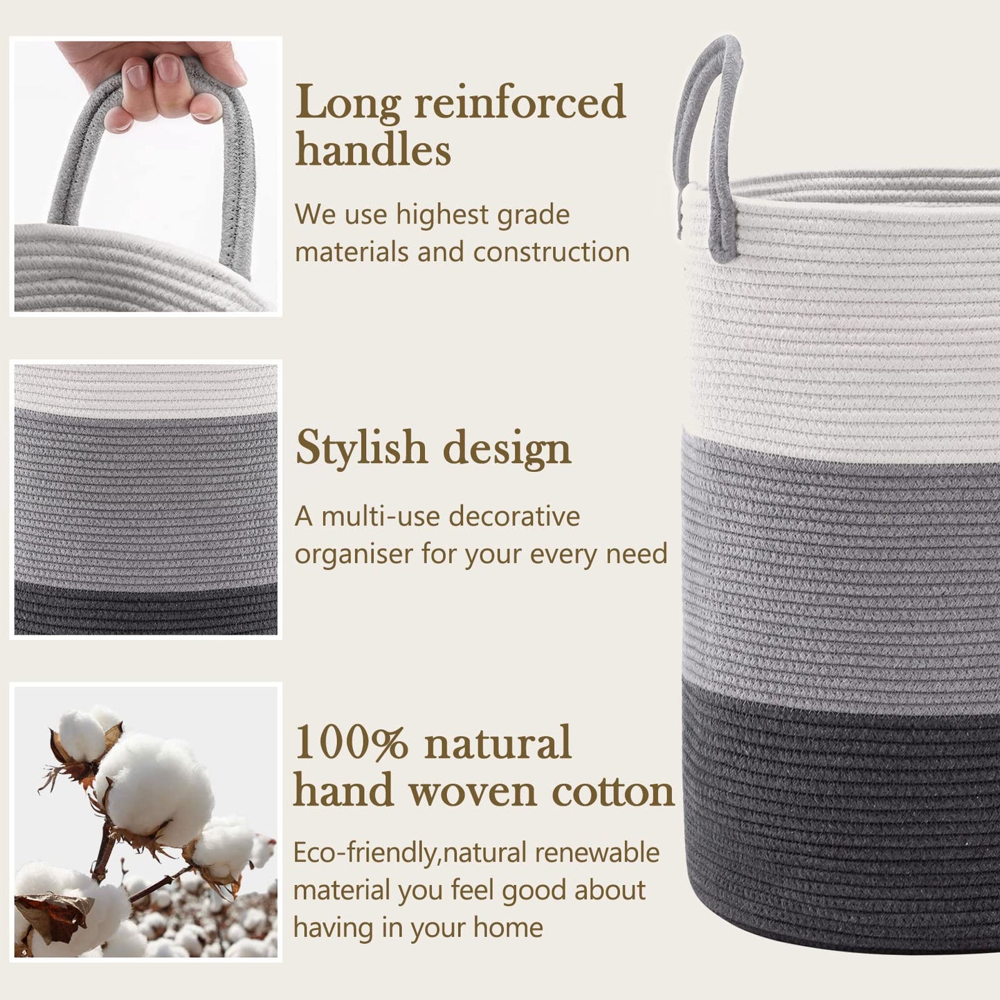 YOUDENOVA Woven Rope Laundry Hamper Basket, 58L Tall Luandry Basket, Baby Nursery Hamper for Blanket Storage, Clothes Hampers for Laundry in Bedroom