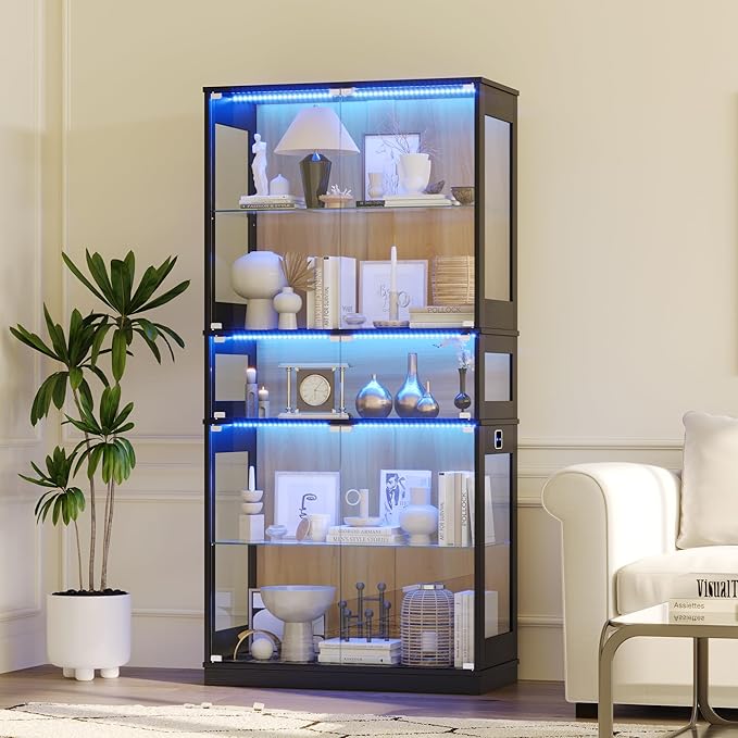 Display Cabinet with Glass Doors & LED Lights, 5 Tier Lighted Display Case