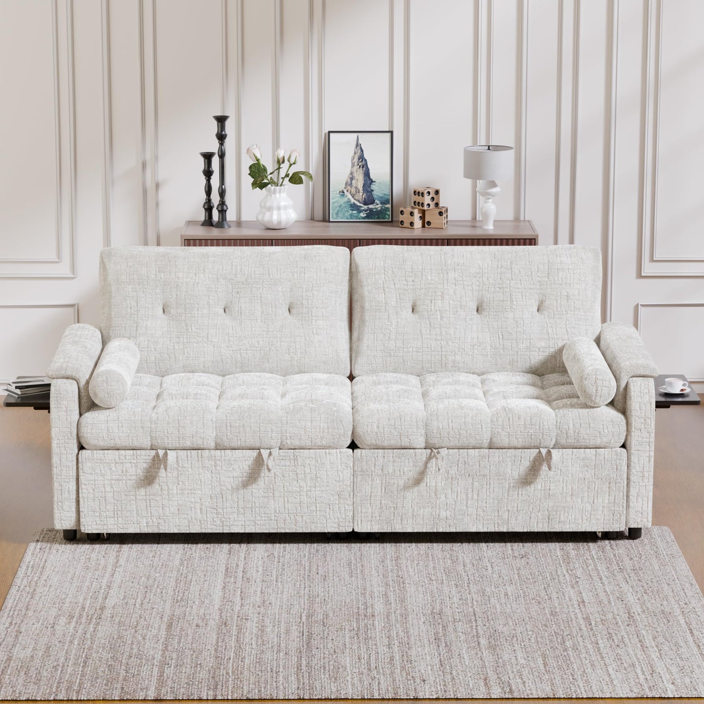 Trygoal Convertible Sleeper Sofa Bed, 86 Inch Chenille Pull Out Couch with Side Table & Adjustable Backrest, Sectional Sleeper Sofa with Pull Out Bed for Living Room, Apartment, Beige