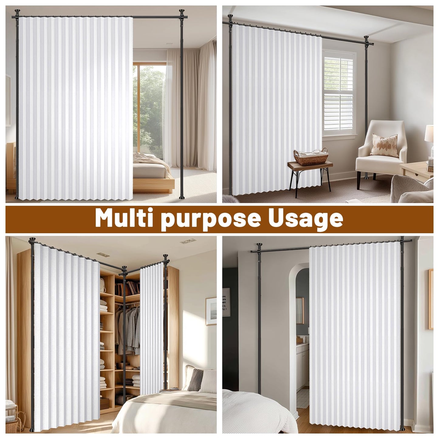 100% Blackout Room Divider Curtains Sets White W100 x L96 in 2 Panels No Drill Curtain Rods(H) 43-120×(W) 35-200 in for Bedroom Privacy Partition Separator