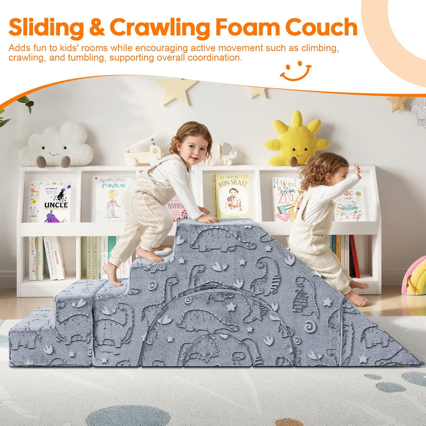 MeMoreCool Foam Climbing Toddler Couch, Modular Kids Sofa with Slide & Stair, Convertible Baby Couch for Playroom, Sectional Furniture for Crawling, Climbing, and Kids’ Play